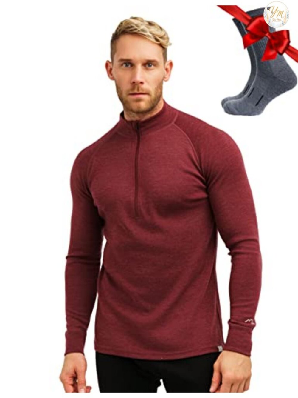 100% Merino Wool Half Zip Sweater Men Quarter Zip Thermal Base Layer